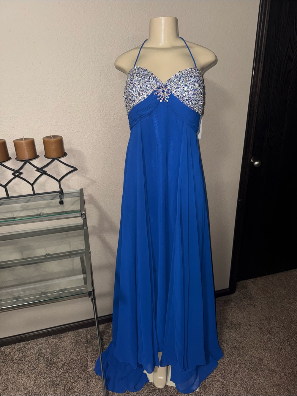 💙Gorgeous GUC Vintage Tony Bowls Paris 12 Royal Blue Beaded Halter Evening Gown